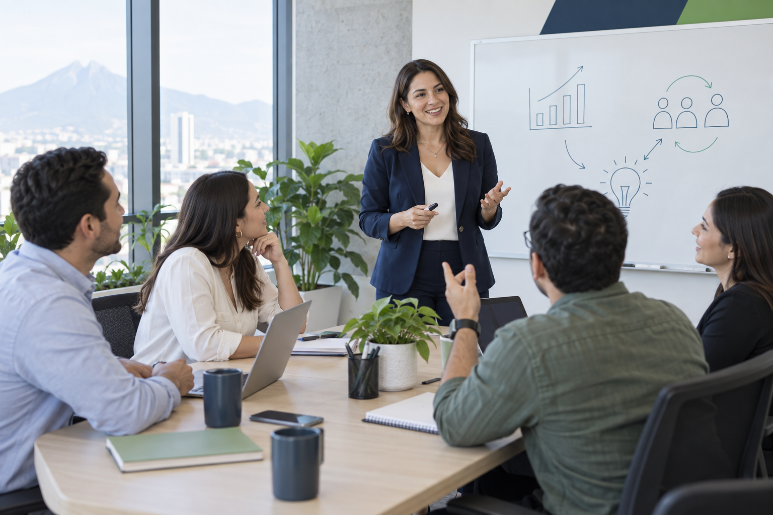 Instructora y participantes trabajando en una capacitación empresarial