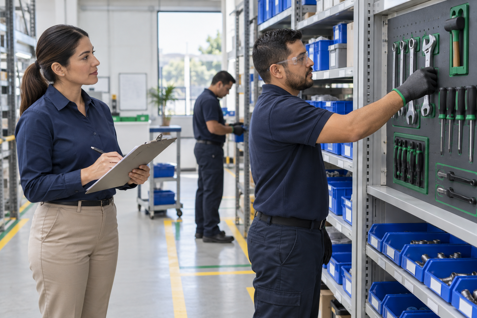 Consultora y equipo organizando un almacén mediante la metodología 5S