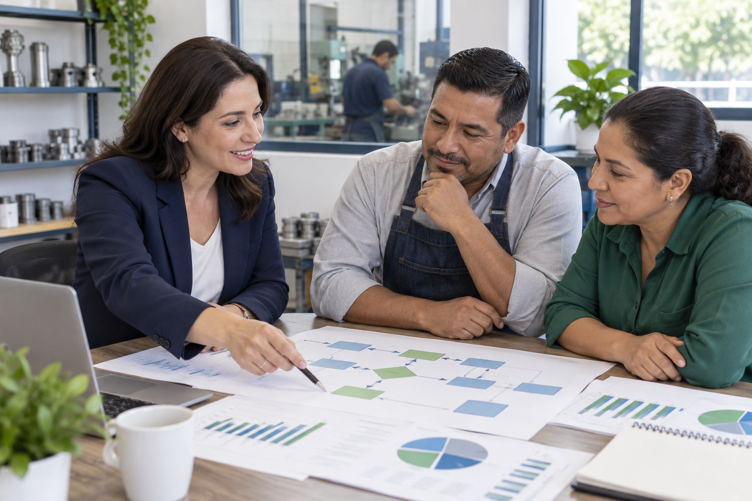 Consultora y equipo revisando documentación y analizando procesos empresariales